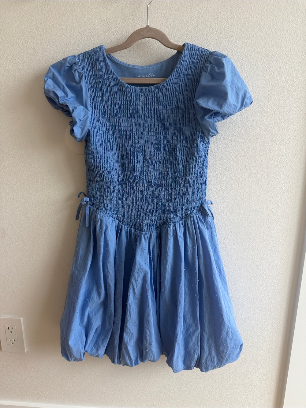 Smocked Puff-Sleeve Formal Dress in Light Blue